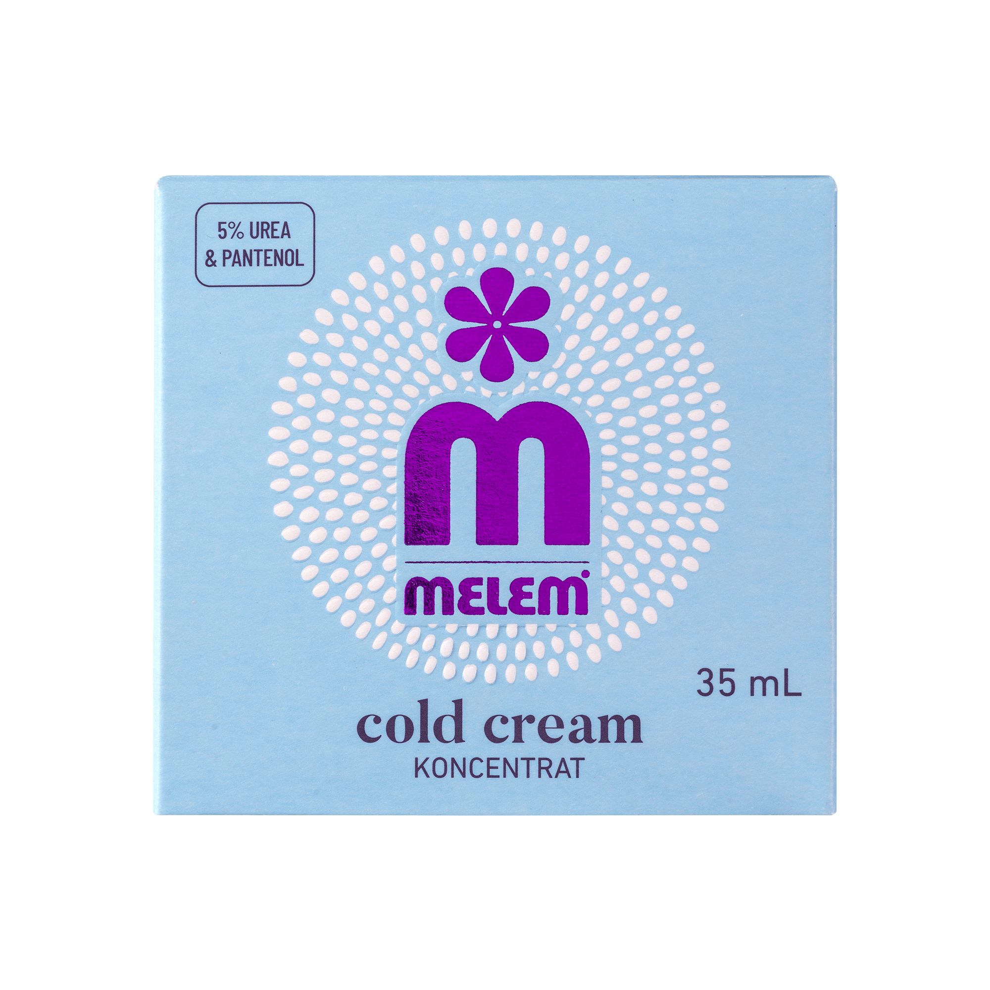 Scatola azzurra con logo viola e scritta MELEM cold cream. Contiene 35 ml. In alto a sinistra: 5% Urea & Pantenolo.