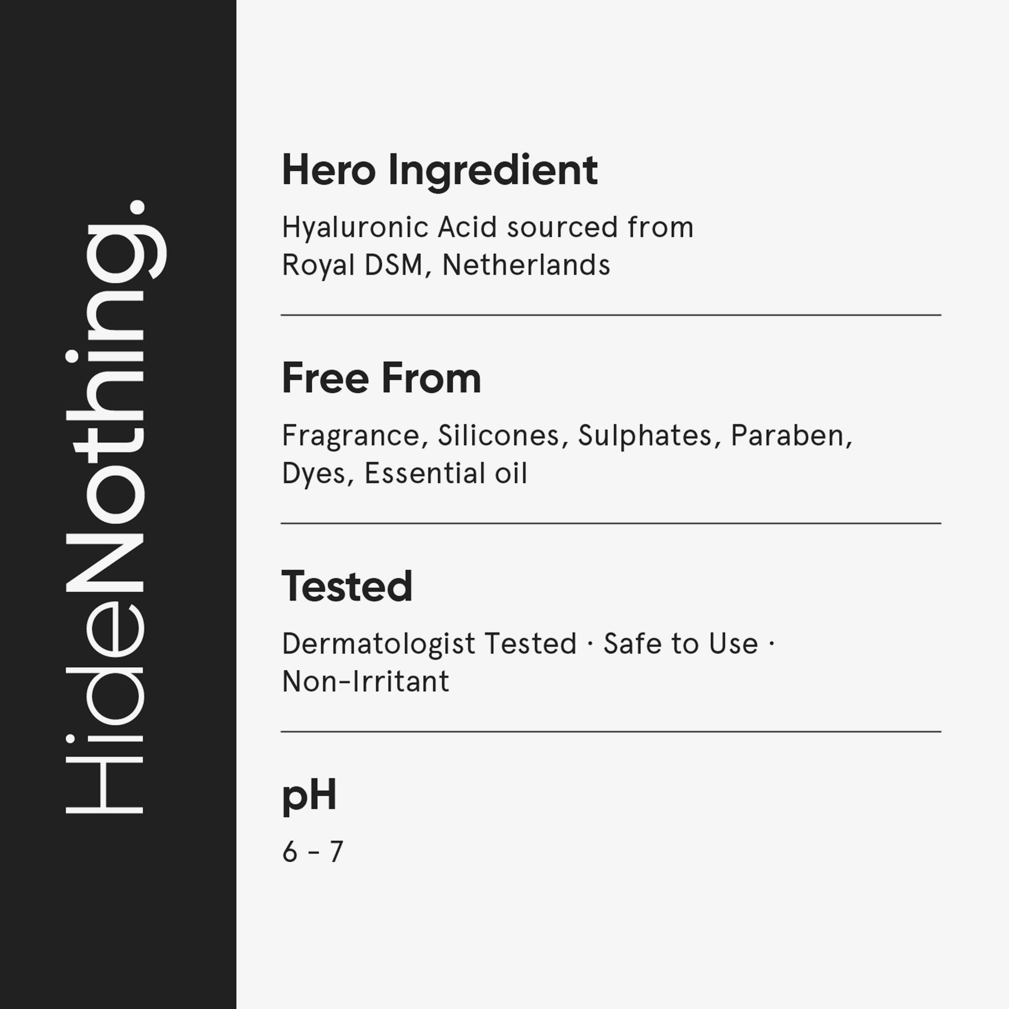 Infografica testuale: « Ingrediente principale: acido ialuronico ». « Senza »: profumi, siliconi, solfati, parabeni, coloranti, oli essenziali.
