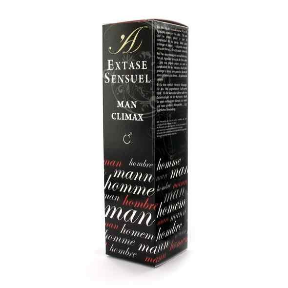 Confezione di vendita per "Extase Sensuel MAN CLIMAX" con design nero e motivo testuale.