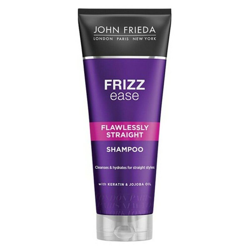 Tubo viola con tappo nero. Scritta: John Frieda, Frizz Ease, Flawlessly Straight Shampoo. Contiene cheratina e olio di jojoba.