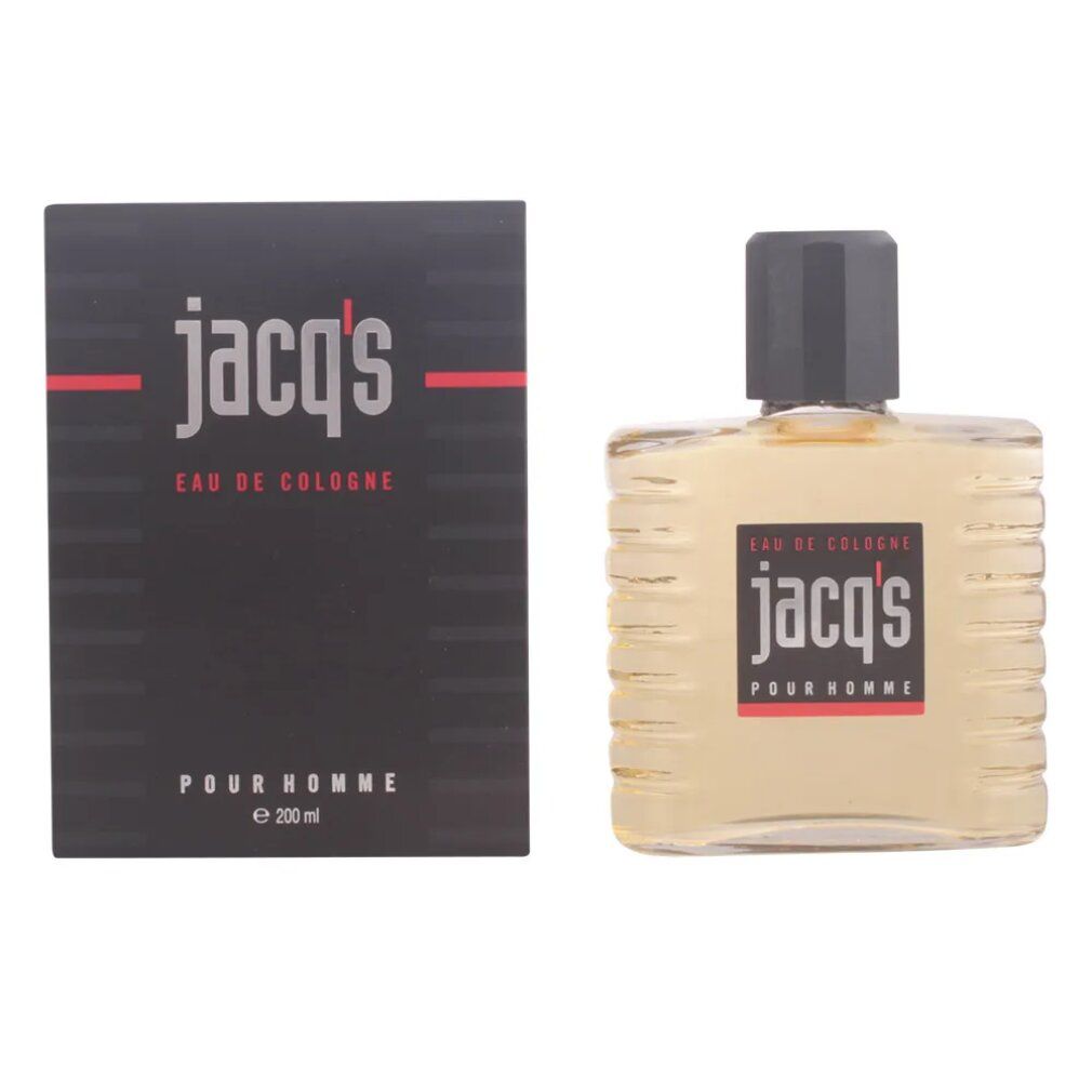 Flacone e scatola di Eau de Cologne. Scatola nera con testo rosso. Flacone con tappo grigio.