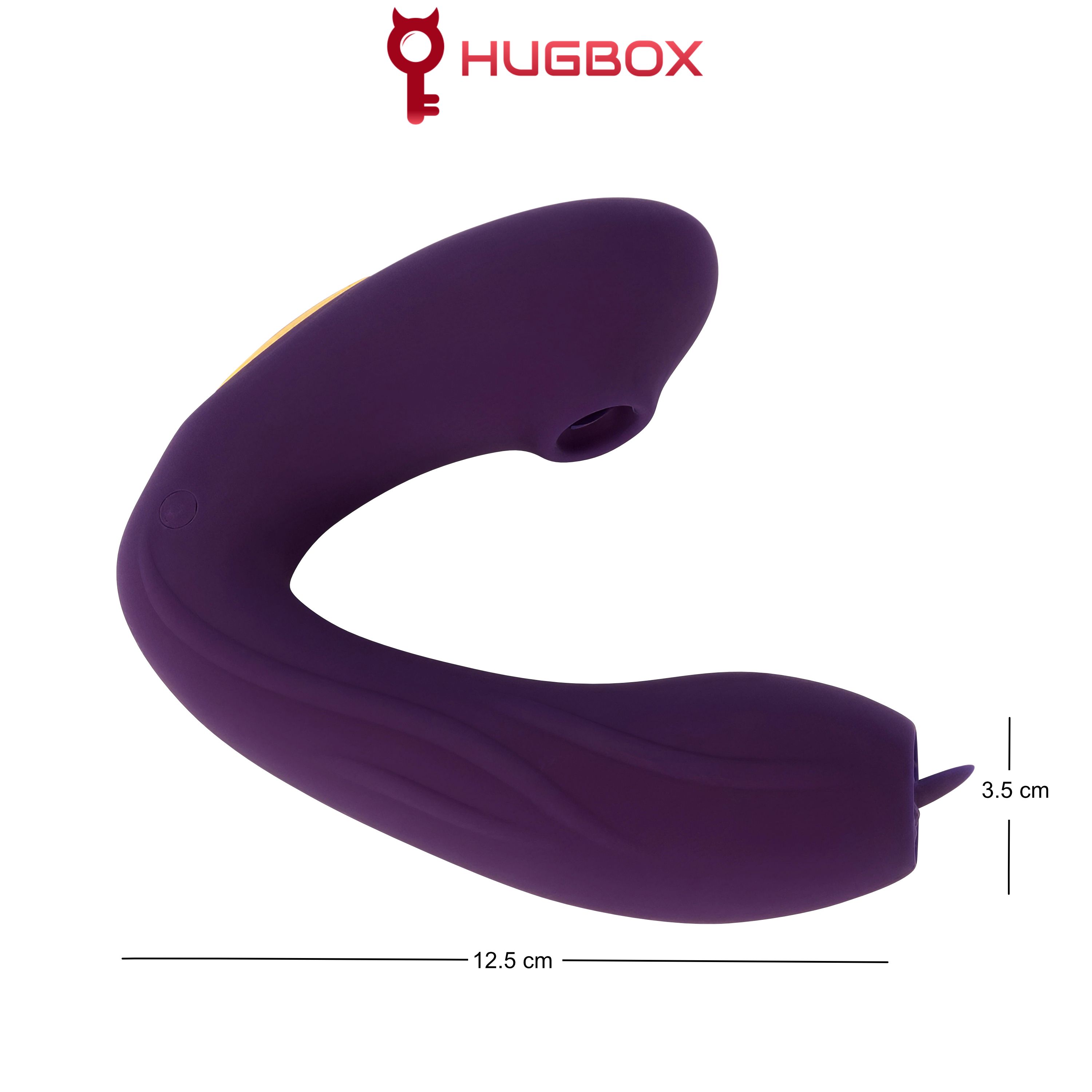Prodotto viola curvo, aperture e dettagli gialli. Dimensioni: 12,5 cm x 3,5 cm. Logo HUGBOX.