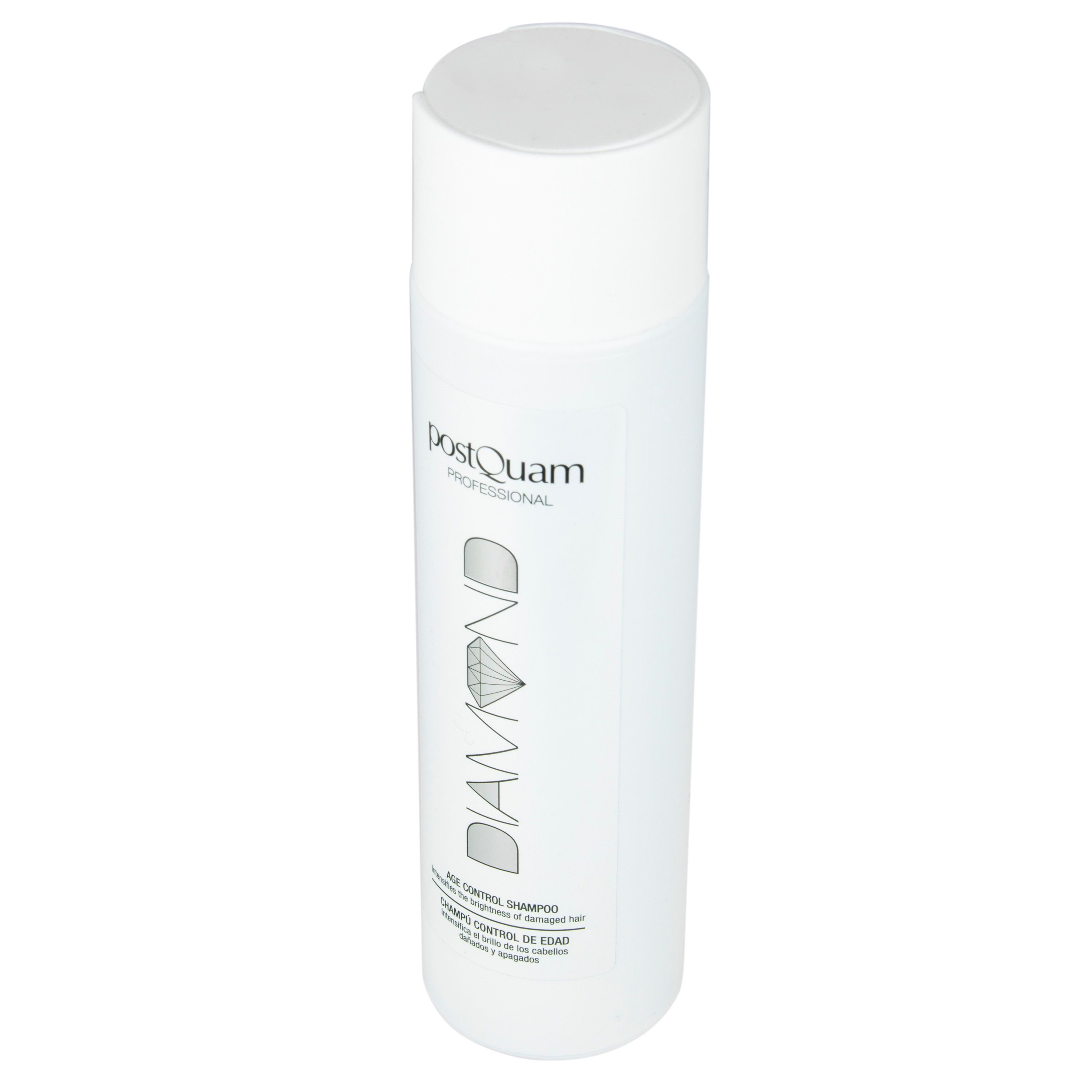 Flacone di shampoo bianco con etichetta nera e argento. Scritta: DIAMOND, PostQuam Professional, Age Control Shampoo.