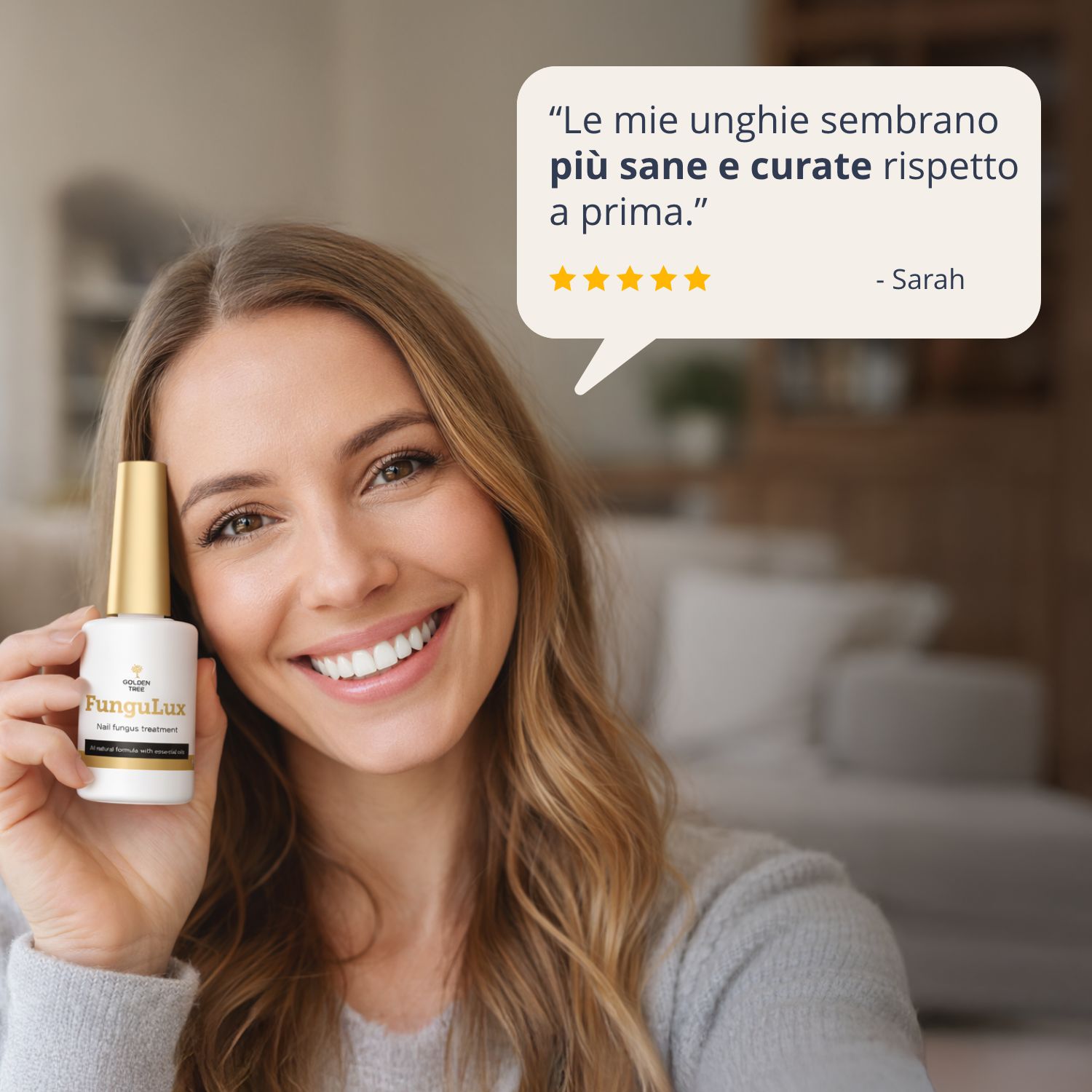 Primo piano dell'applicatore FunguLux, che supporta unghie sane.