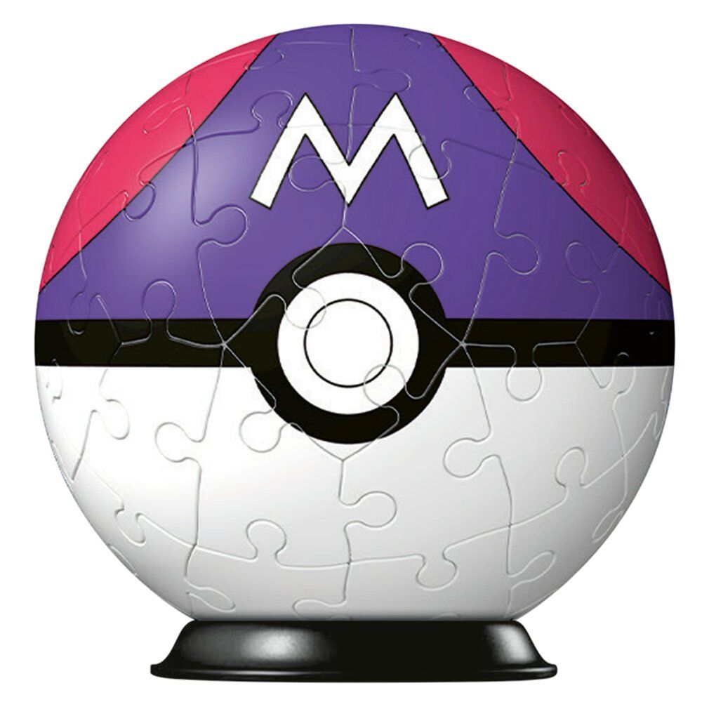 Puzzle 3D a sfera, design Pokémon. Pezzi colorati, forma sferica. Viola, bianco, nero e rosa. Con base.