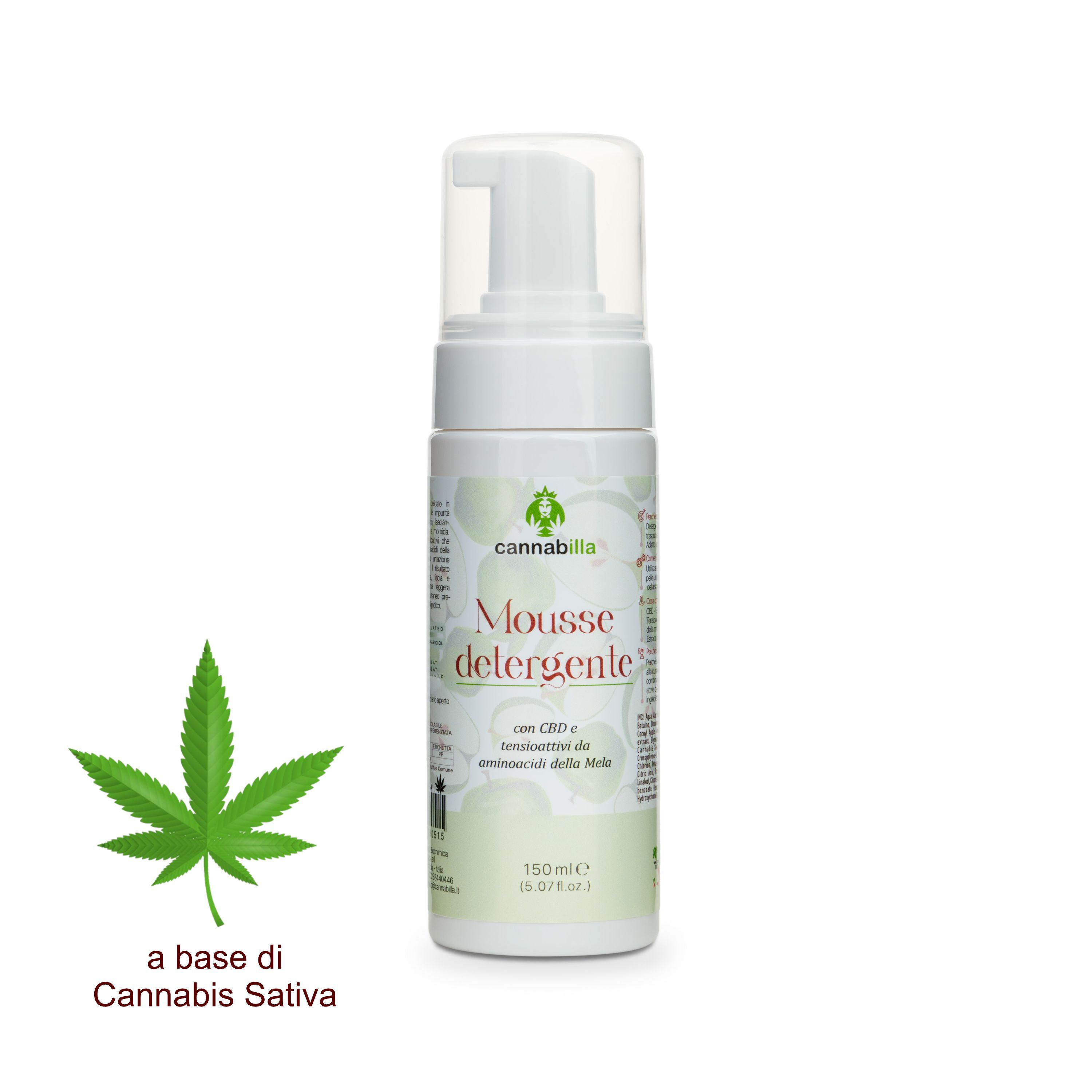 Flacone bianco con erogatore. Scritta: Cannabilla Mousse detergente. Contiene CBD e acido malico. 150 ml. Con foglia di cannabis.