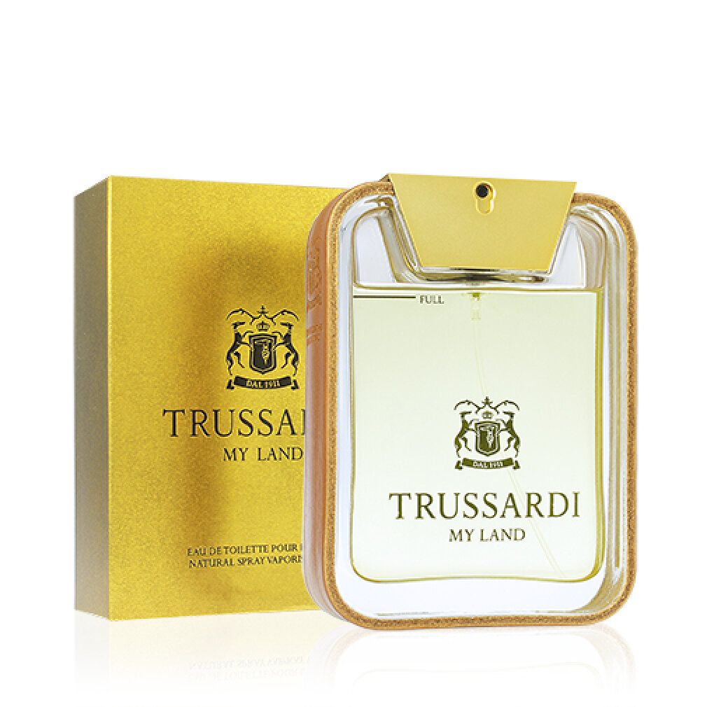 Flacone in vetro e confezione dorata. Logo e scritta: Trussardi My Land. Eau de Toilette.