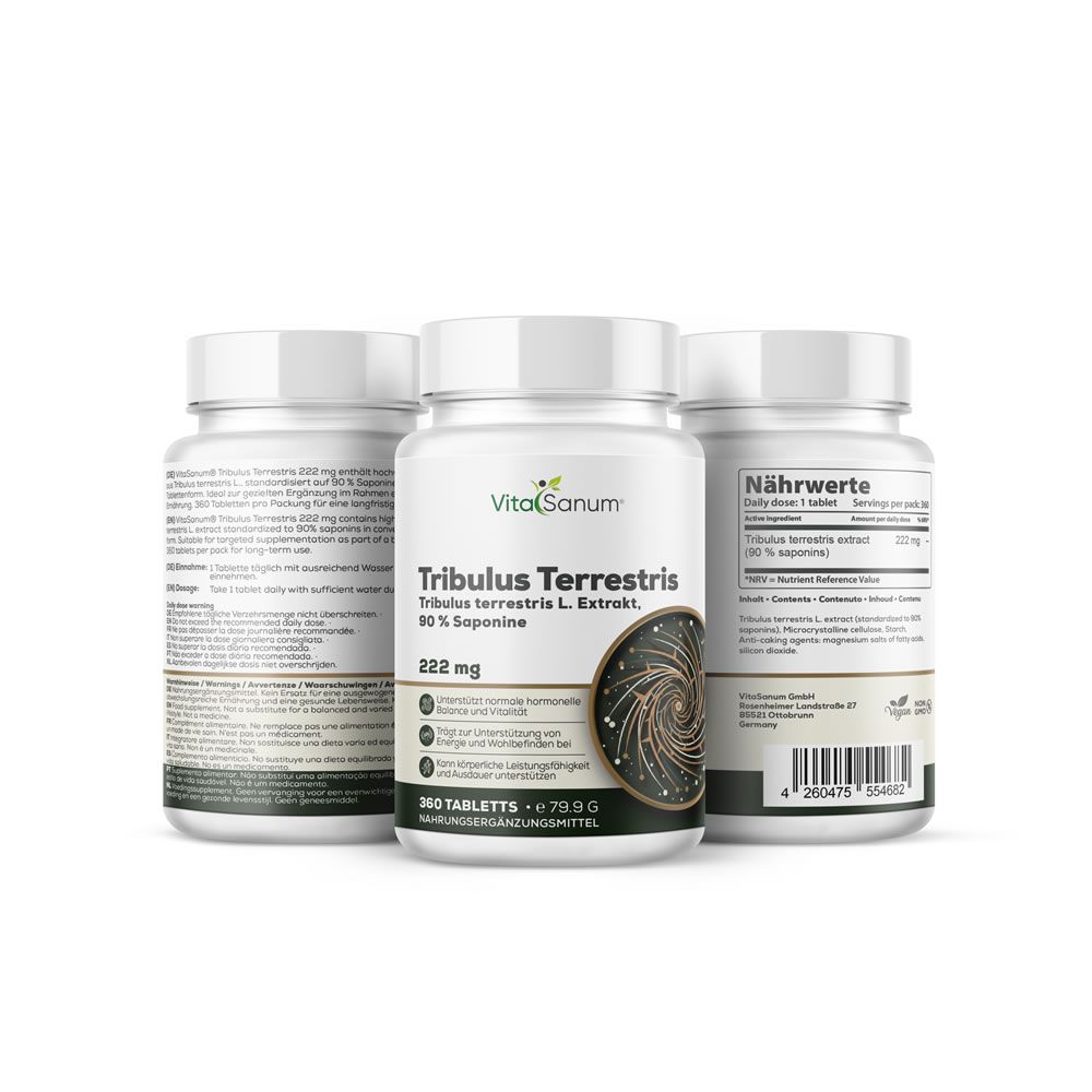 Tre flaconi bianchi VitaSanum Tribulus Terrestris. Scritta: 222 mg, 90% saponine. 360 compresse. Integratore alimentare.