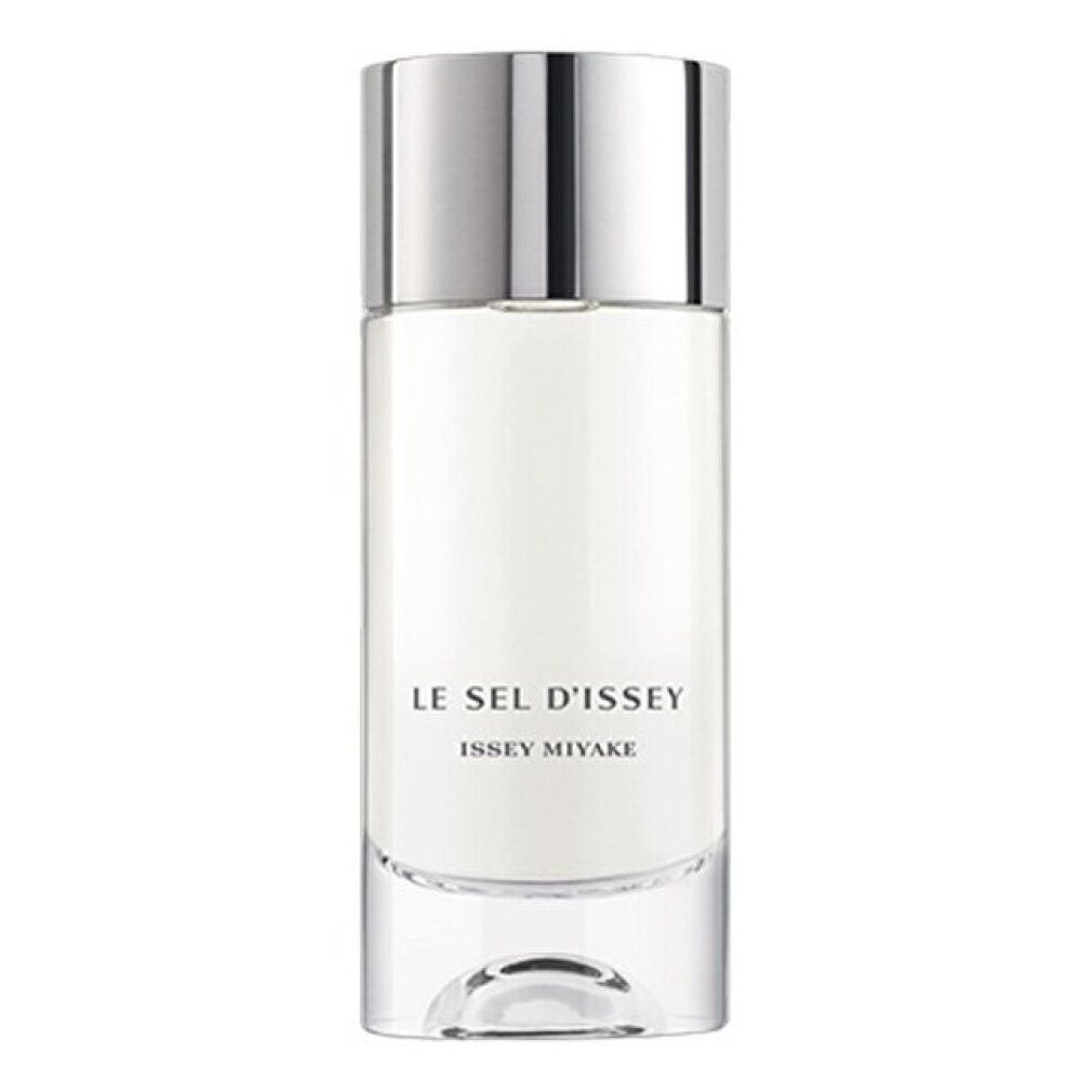 Flacone Le Sel d'Issey. Flacone bianco con tappo argentato. Scritta: Le Sel d'Issey, Issey Miyake.
