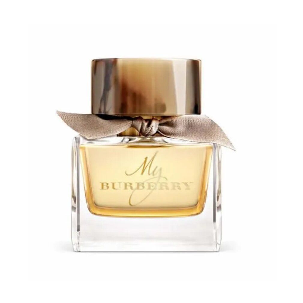 Flacone di profumo. Flacone quadrato in vetro con tappo dorato e fiocco. Scritta My Burberry.