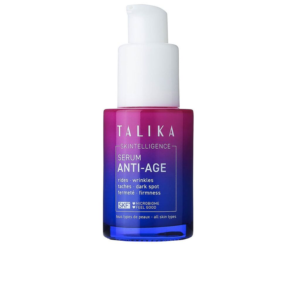 Flacone con erogatore bianco. Scritta: Talika Skintelligence Serum Anti-Age. Per tutti i tipi di pelle.