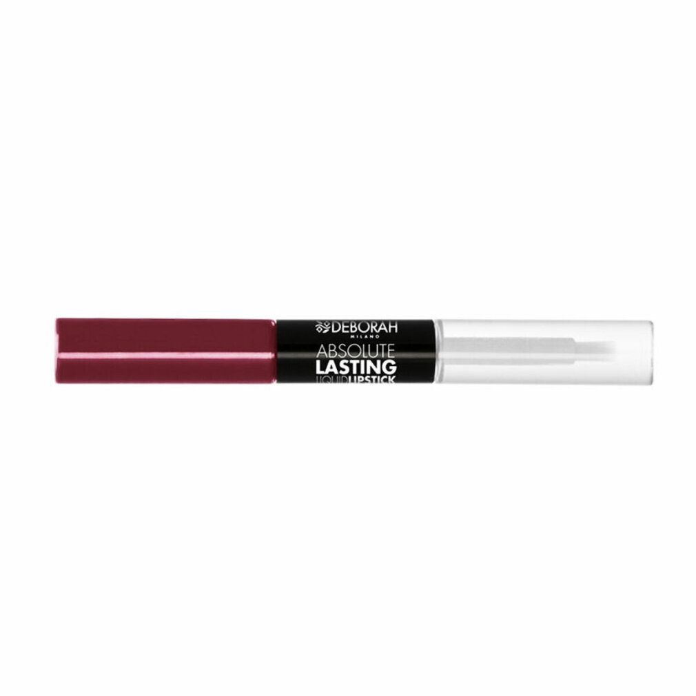 Rossetto doppio. Rossetto rosso scuro e lato applicatore trasparente. Sezione centrale nera con scritta: Absolute Lasting Lipstick.