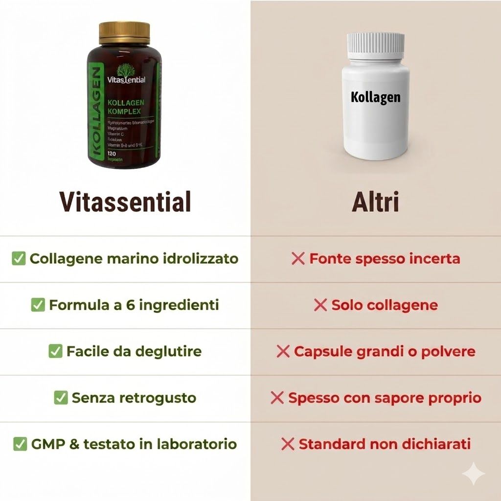 Confronto tra Vitassential e altro prodotto. Vitassential: 6 ingredienti, facile da deglutire, senza retrogusto. Altri: fonte incerta.