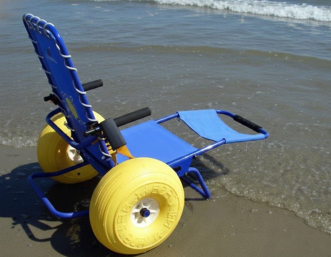 Sedia a rotelle da spiaggia blu con ruote gialle sulla spiaggia. Schienale e seduta in tessuto. Telaio in metallo. Maniglie nere.