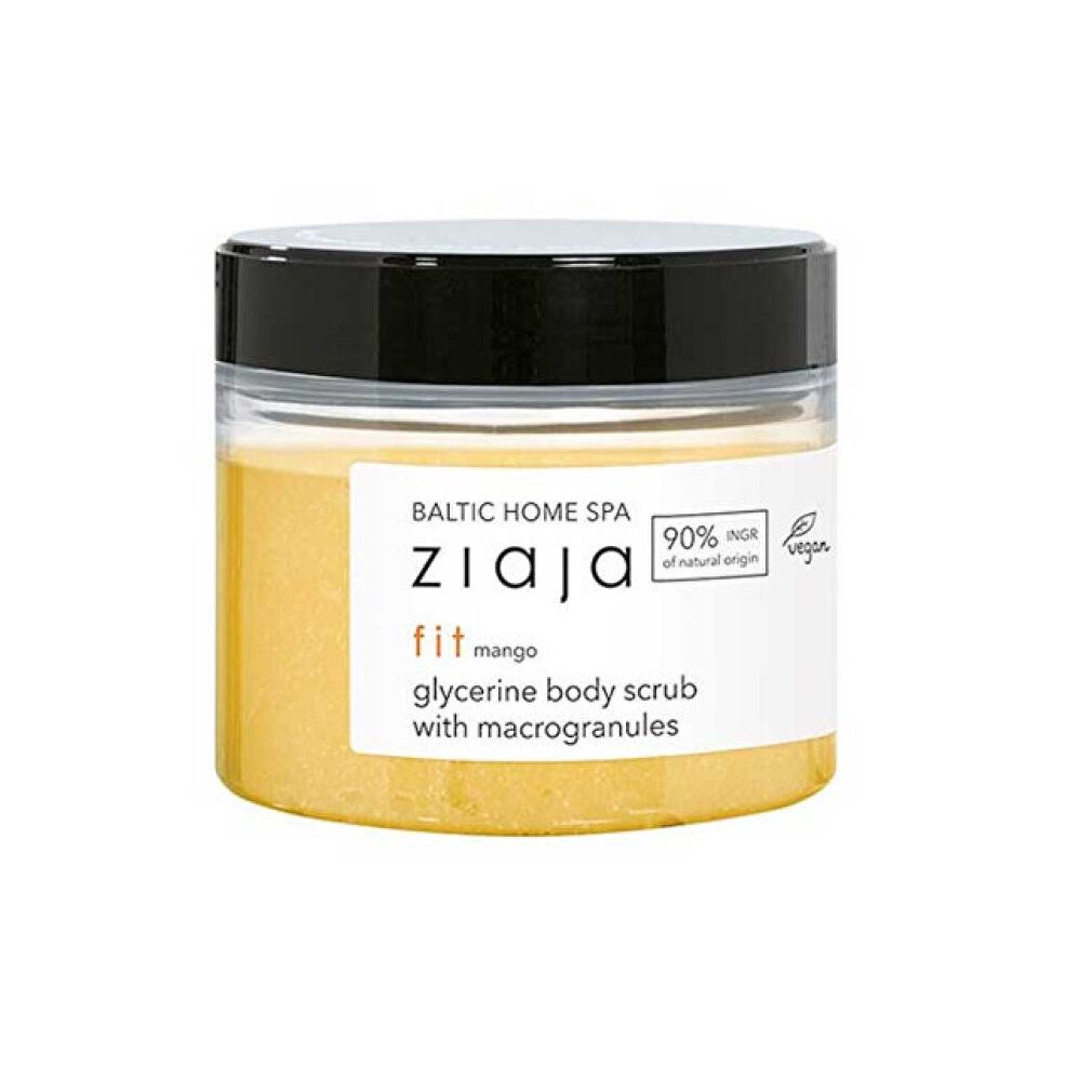 Barattolo di scrub corpo giallo. Etichetta con testo: ZIAJA fit mango, scrub corpo alla glicerina con macrogranuli. Sigillo vegano.