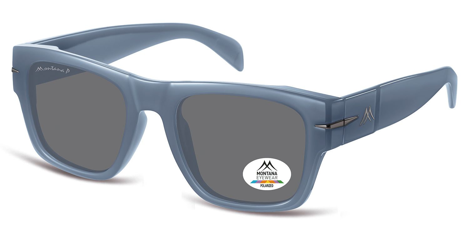 Occhiali da sole blu, vista obliqua. Un adesivo con logo e scritta 'Polarized' è visibile su una lente.