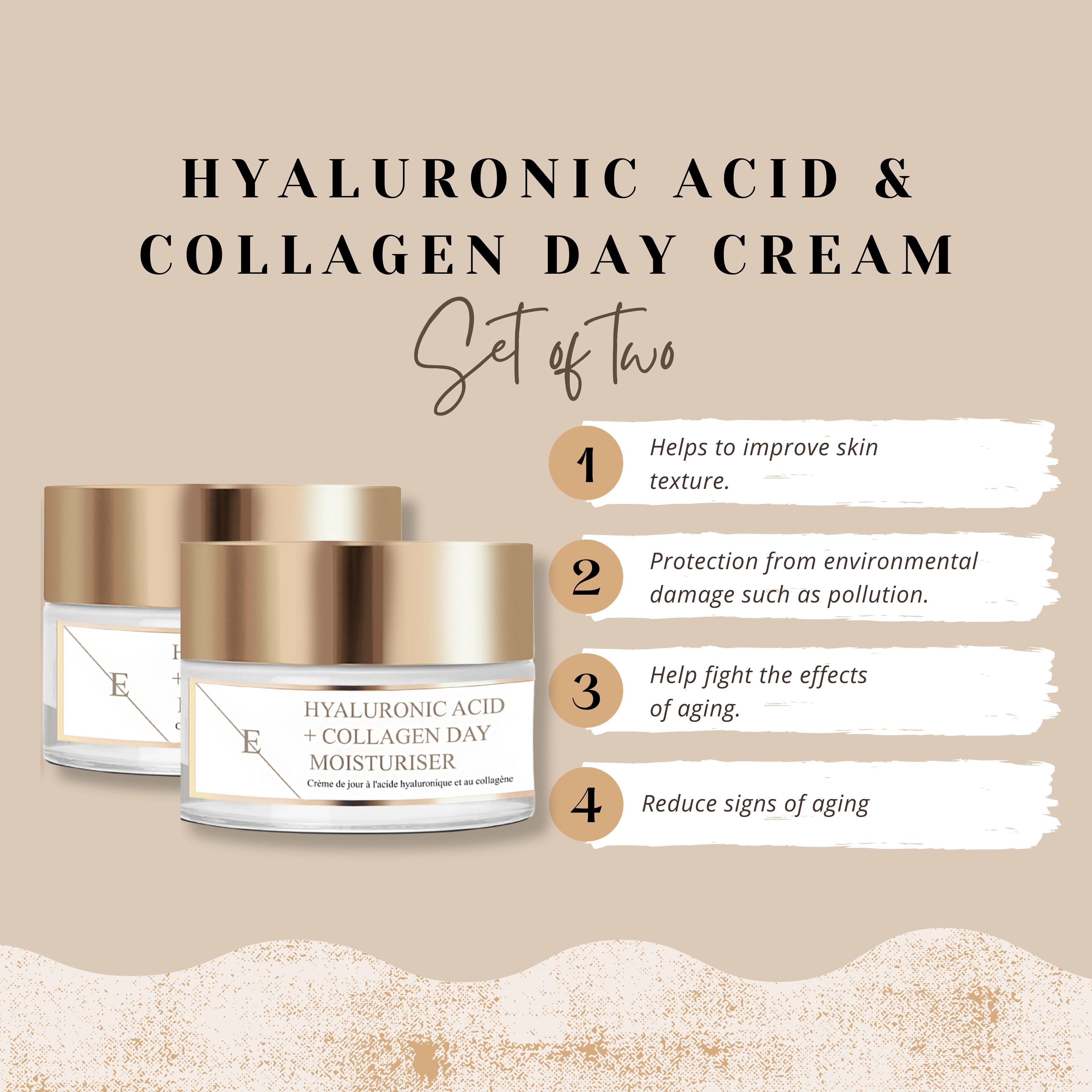 Tre vasetti di crema giorno con coperchi dorati. Testo: Hyaluronic Acid & Collagen Day Cream. Set of Two. Vantaggi.