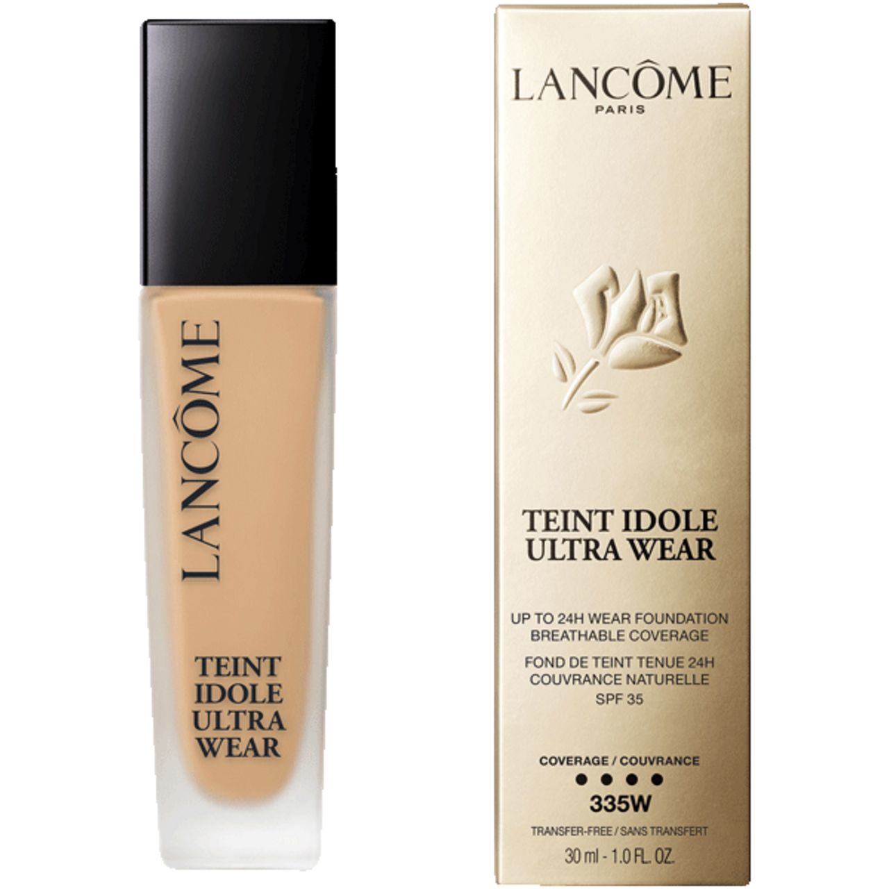 Lancôme Teint Idole Ultra Wear con confezione. Testo: SPF 35, 30 ml.