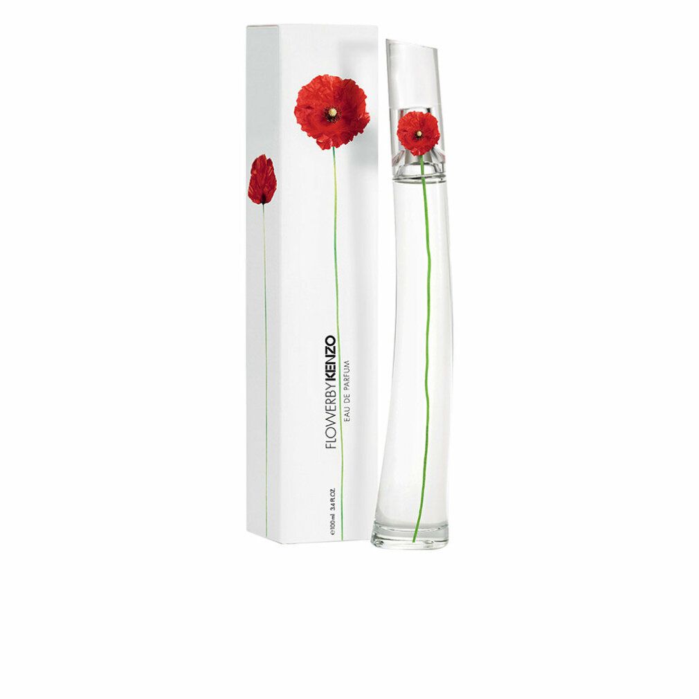 Flacone di profumo e confezione. Flacone con fiore rosso e stelo verde. Confezione con fiore rosso e testo.