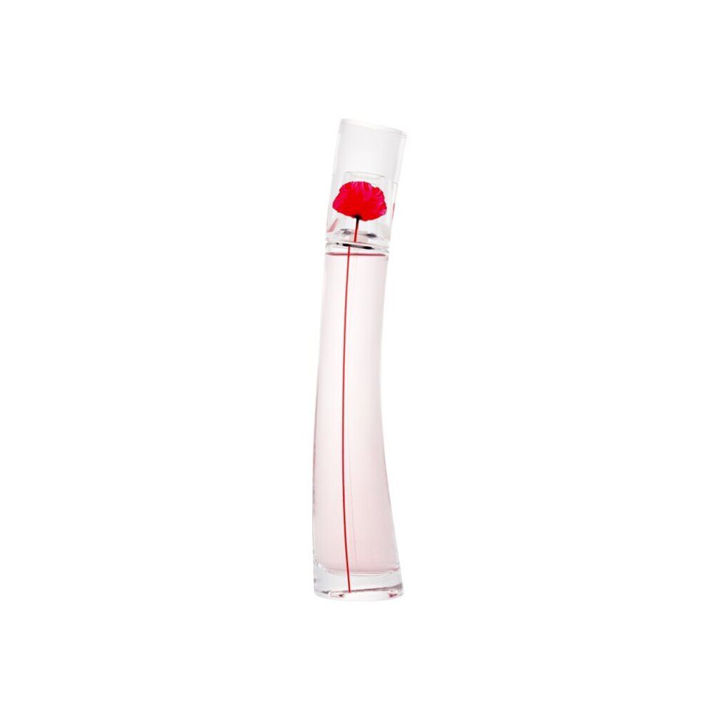 Flacone di profumo con fiore rosso. Flacone in vetro con liquido rosa. Fiore rosso sul tappo. Forma slanciata e curva.
