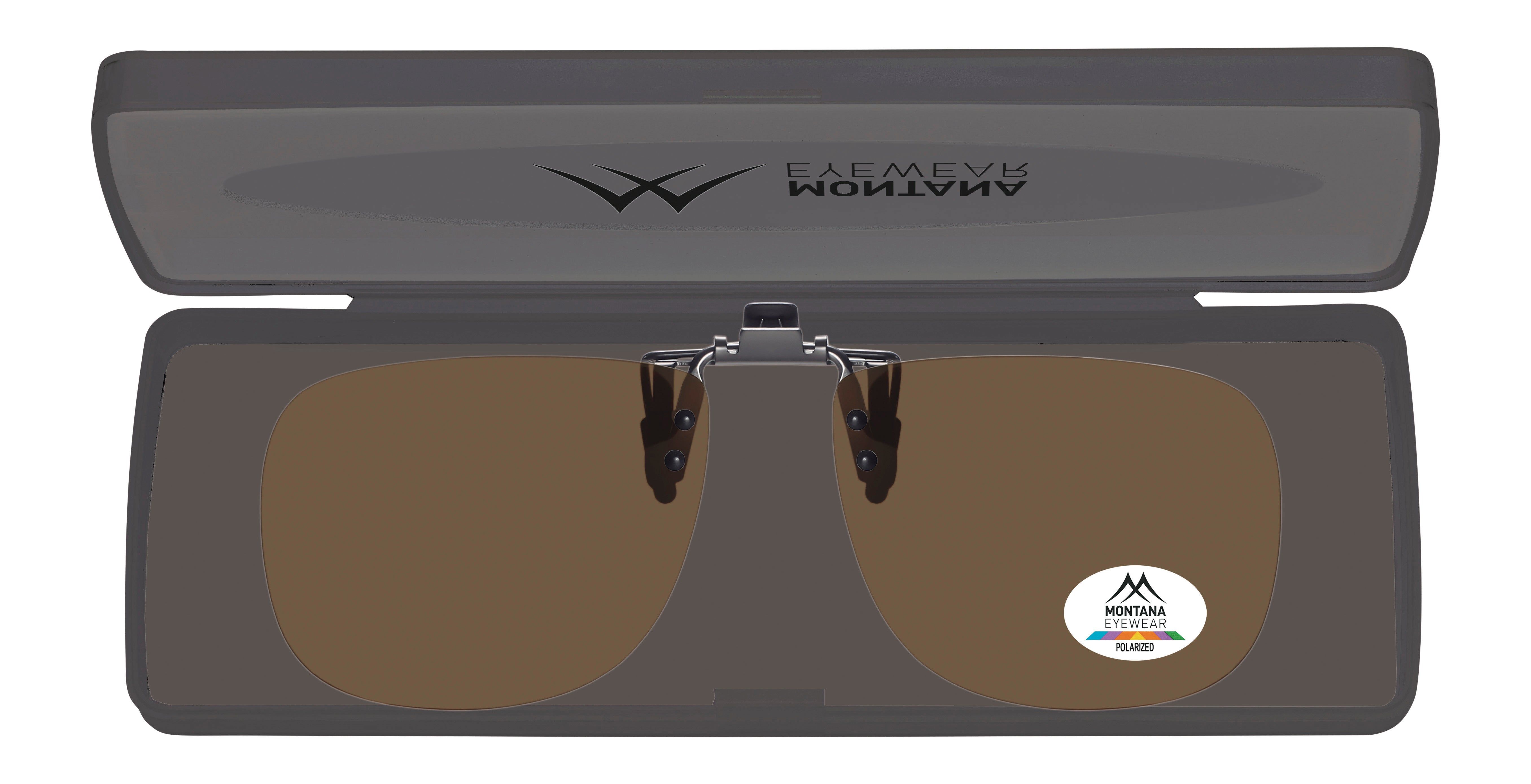 Occhiali da sole a clip in una custodia. La custodia è grigia e presenta la scritta ANATOMY. Il logo Montana Eyewear è visibile su una lente.