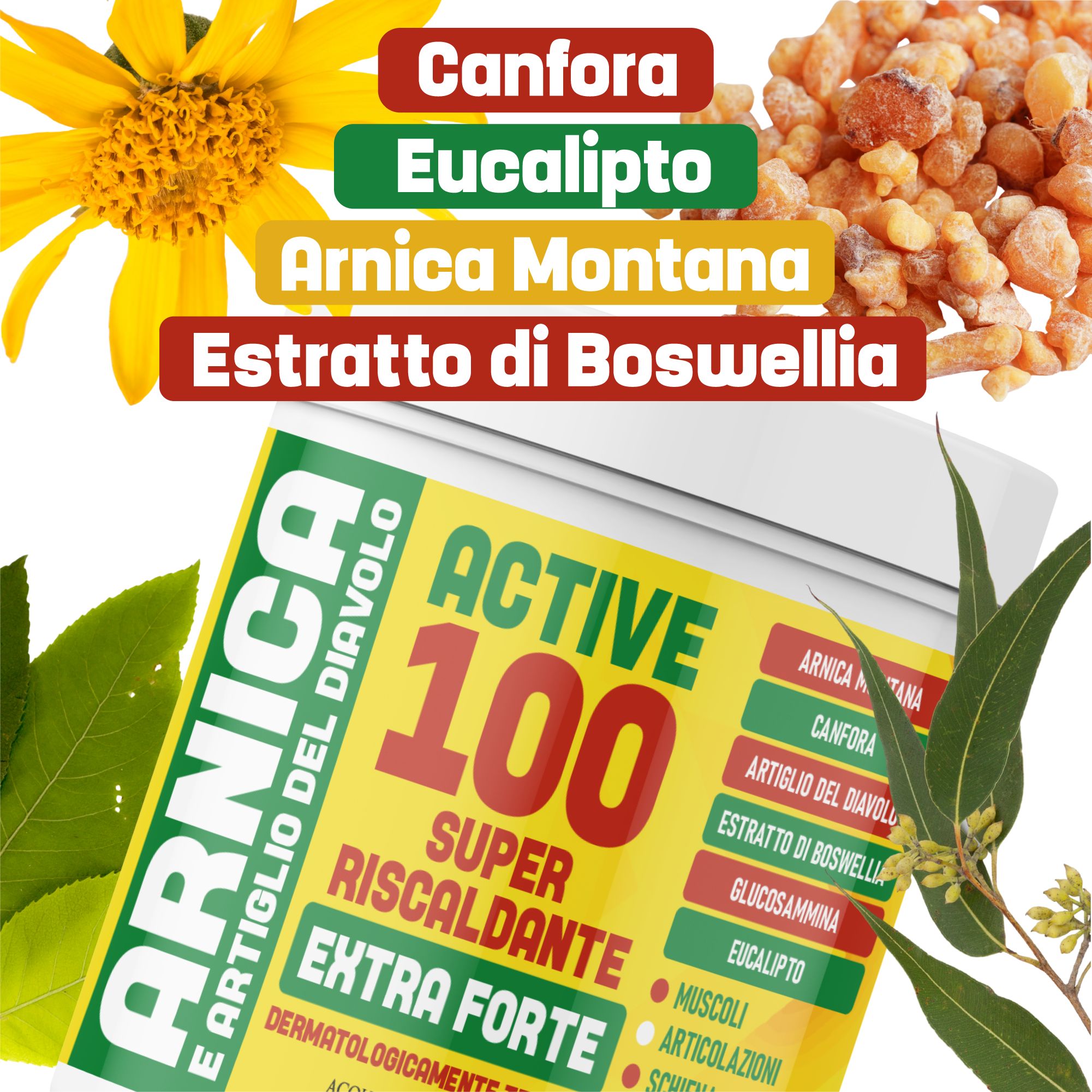 Confezione giallo-verde. Testo: Arnica e Artiglio del Diavolo Active 100 Super Riscaldante Extra Forte. Ingredienti: Canfora, Eucalipto, Arnica.