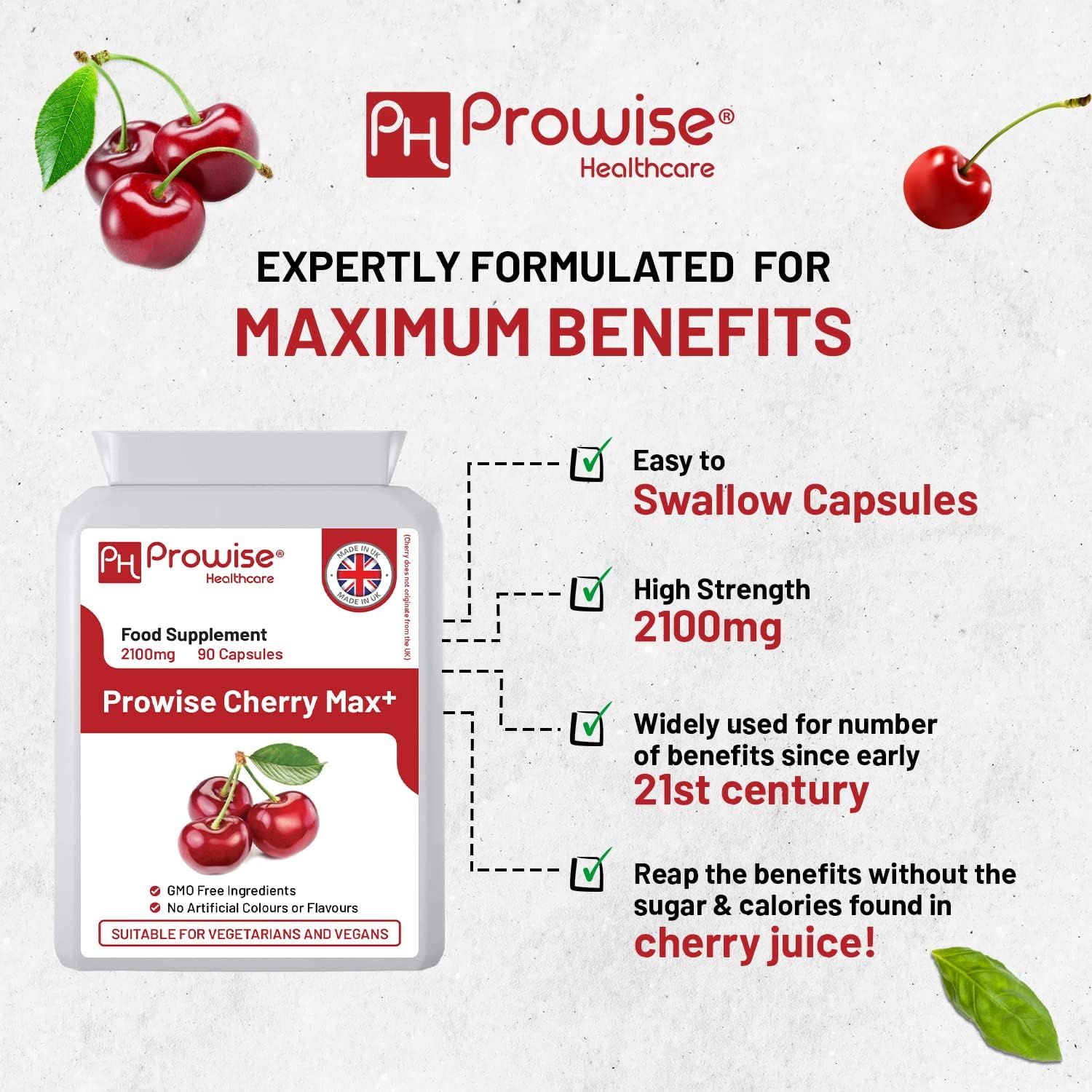 Confezione del prodotto con capsule. Scritta: Prowise Cherry Max+. Contiene 90 capsule. Prodotto nel Regno Unito. Adatto a vegetariani e vegani. Vantaggi.