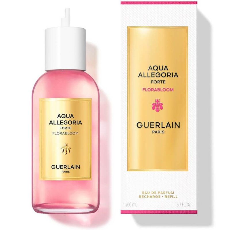 Flacone ricaricabile Guerlain Aqua Allegoria Forte Florabloom Eau de Parfum e confezione. Liquido rosa, etichette dorate.
