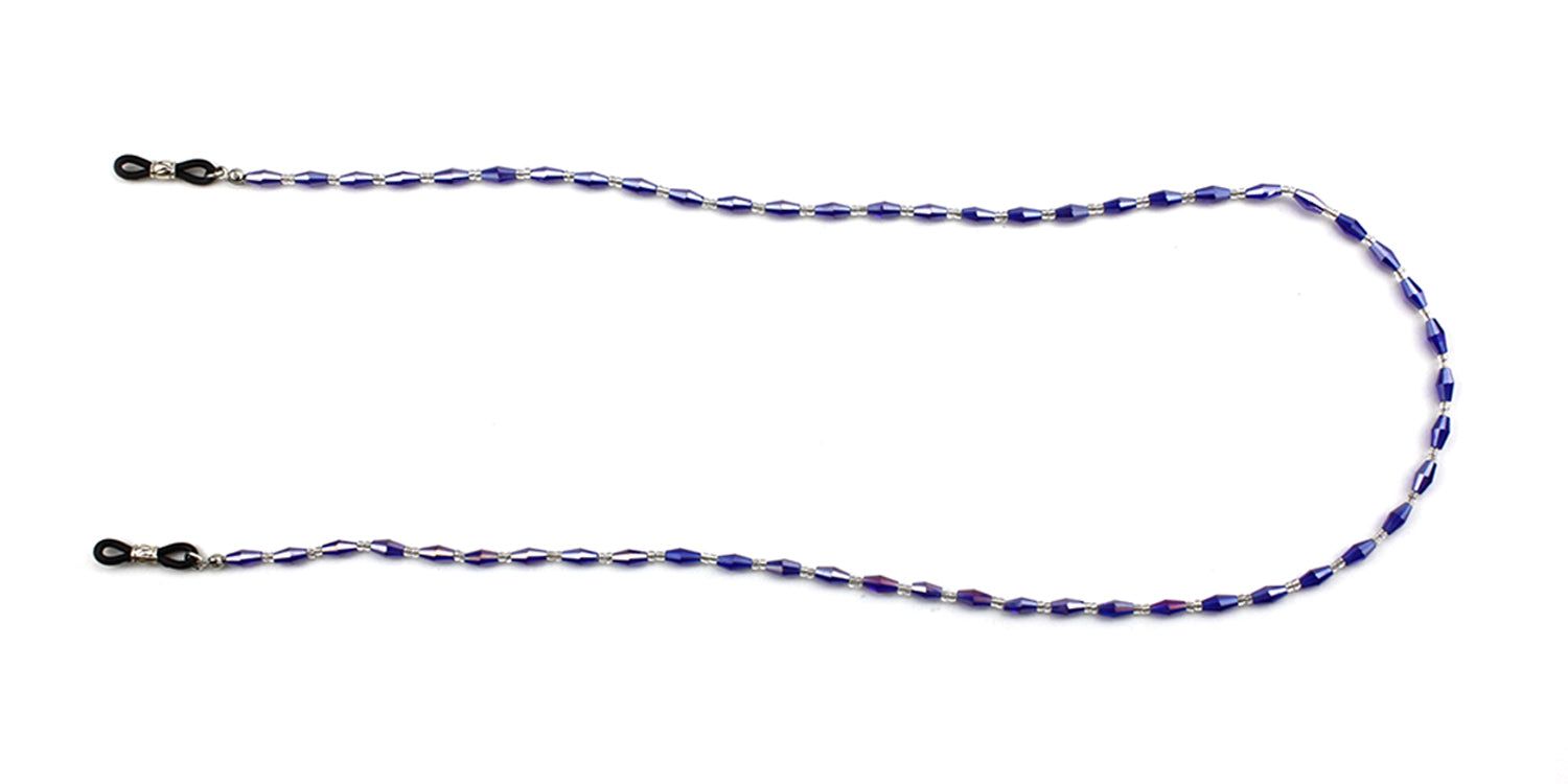 Catenina per occhiali con perline blu. Anelli in gomma nera alle due estremità per il fissaggio.
