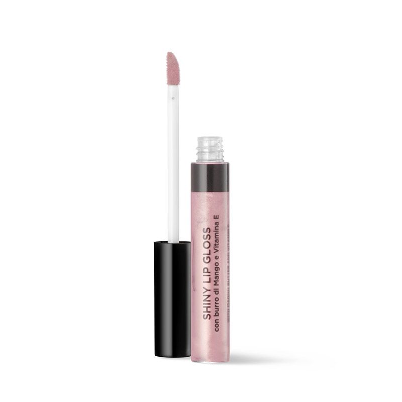 Lucidalabbra lucido con applicatore. Tubo rosa con tappo nero. Testo: Shiny Lip Gloss, con burro di mango e vitamina E.