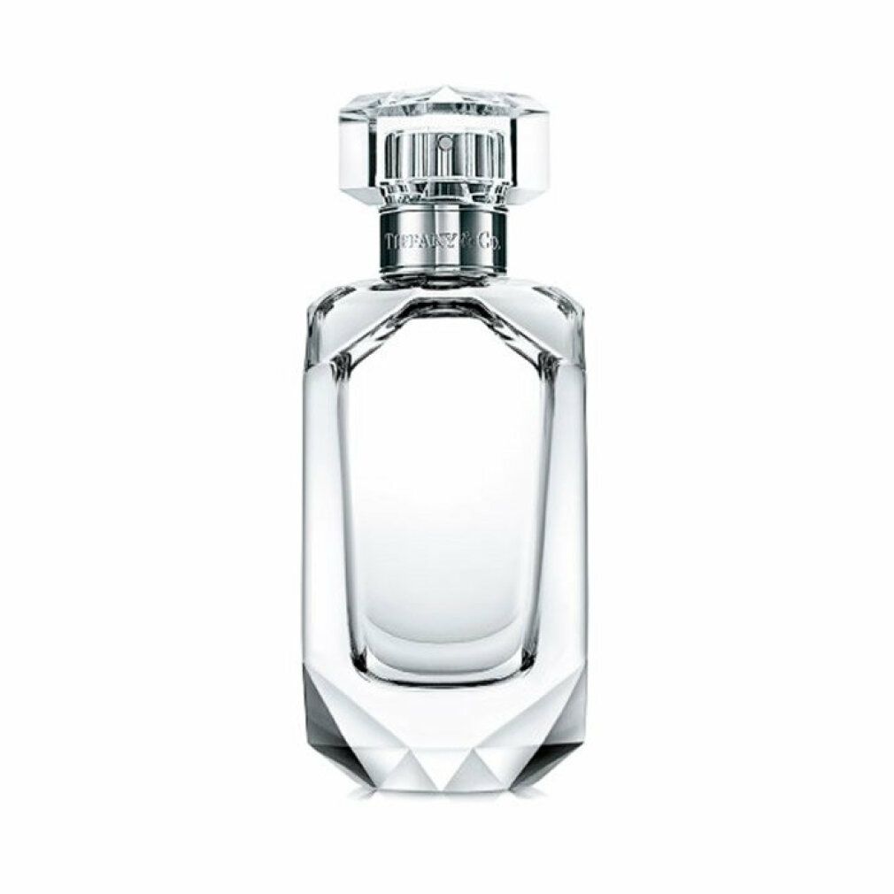 Flacone di profumo con tappo argentato. Flacone trasparente sfaccettato. "Tiffany & Co." sul tappo.