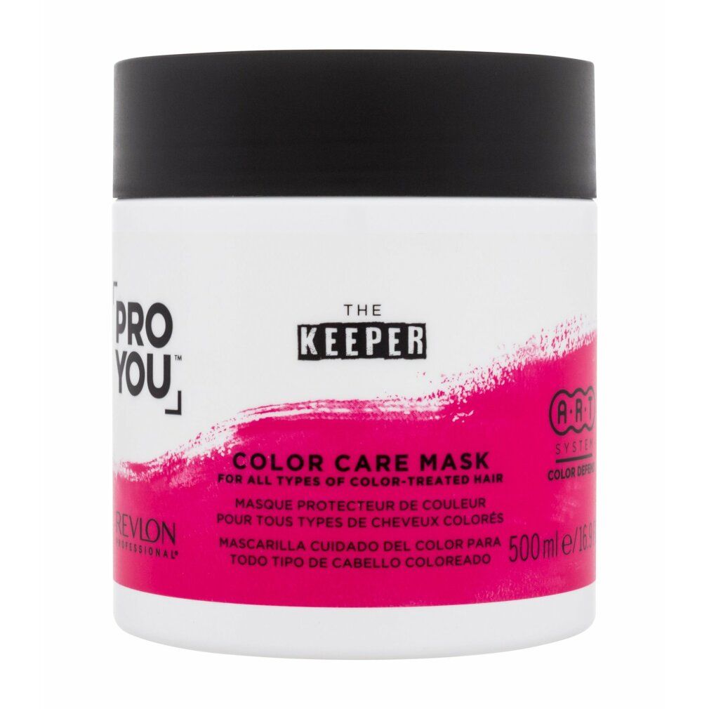 Vaso bianco con coperchio nero. Sfumatura rosa. Scritte: Pro You, The Keeper, Color Care Mask, Revlon Professional, 500ml.
