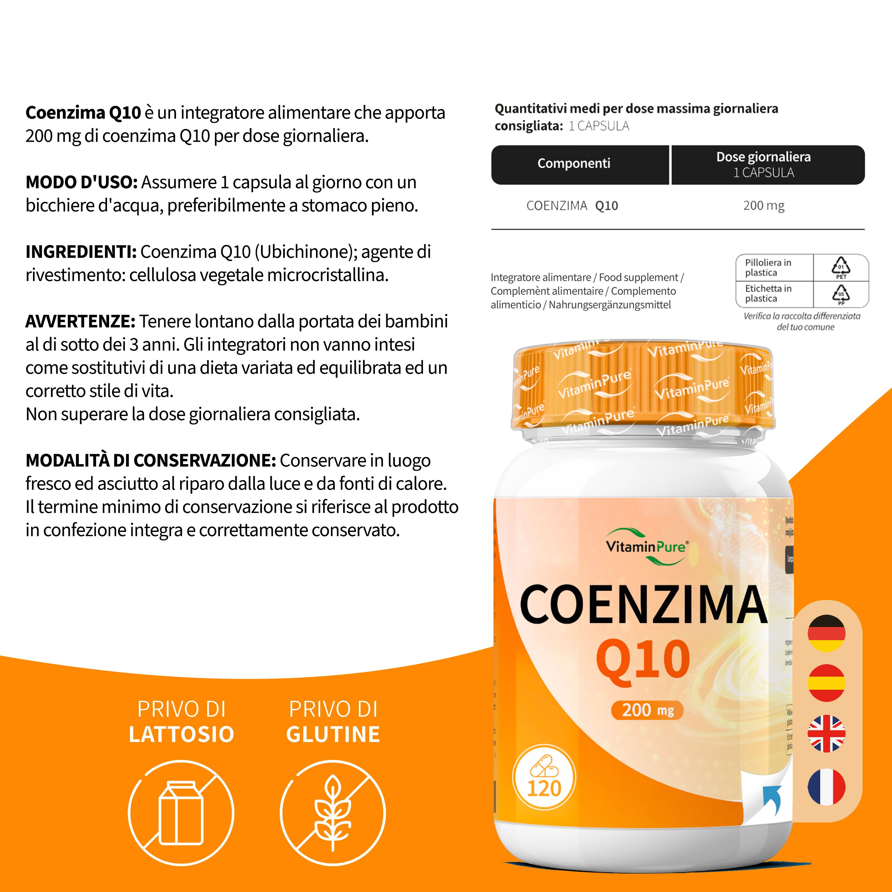 VitaminPure® Coenzima Q10, 200mg. Flacone bianco, etichetta arancione. 120 capsule. Testo in diverse lingue.