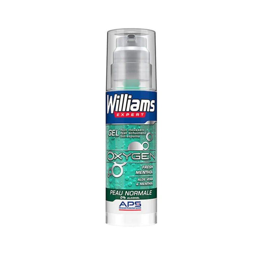 Flacone di gel con pompa. Scritta: Williams Expert, Oxygen, Fresh Menthol, Aloe Vera & Menthol, Peau Normale.