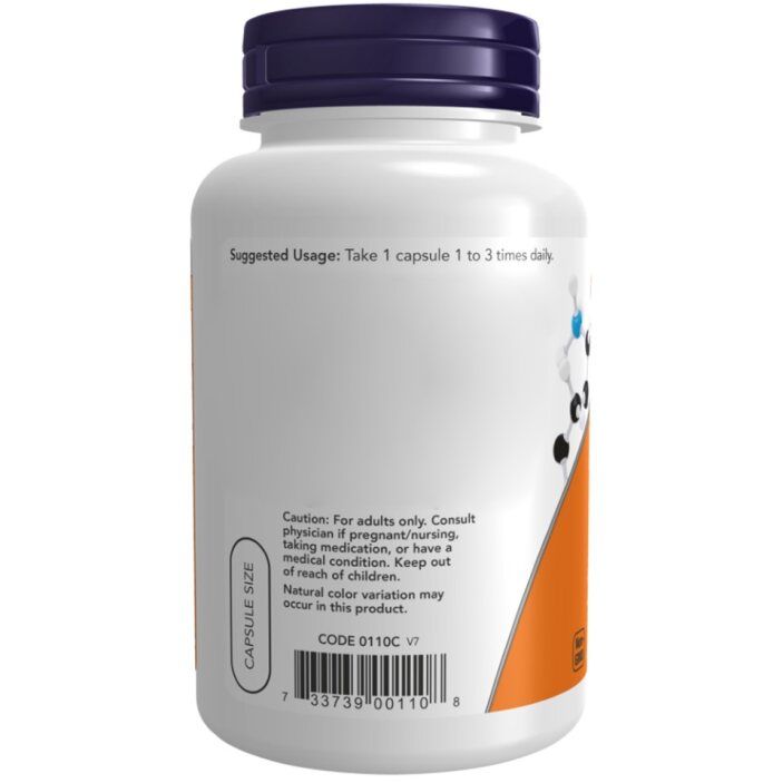 Retro del flacone Now Foods L-Lysine 500mg con istruzioni per l'uso e avvertenze.