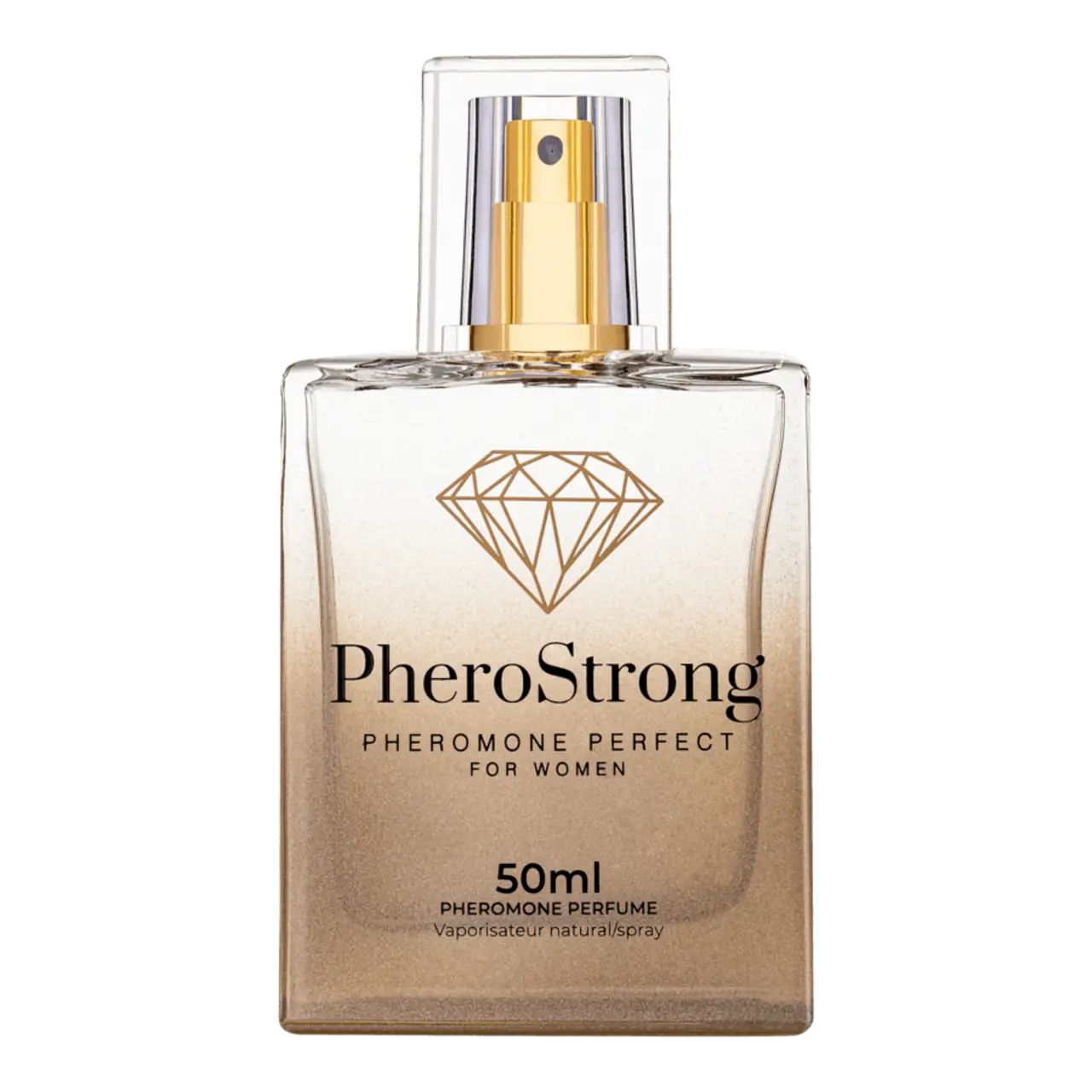 Flacone di profumo con vaporizzatore dorato. Forma quadrata, scritta PheroStrong, logo diamante. Informazioni prodotto: 50ml, profumo ai feromoni.