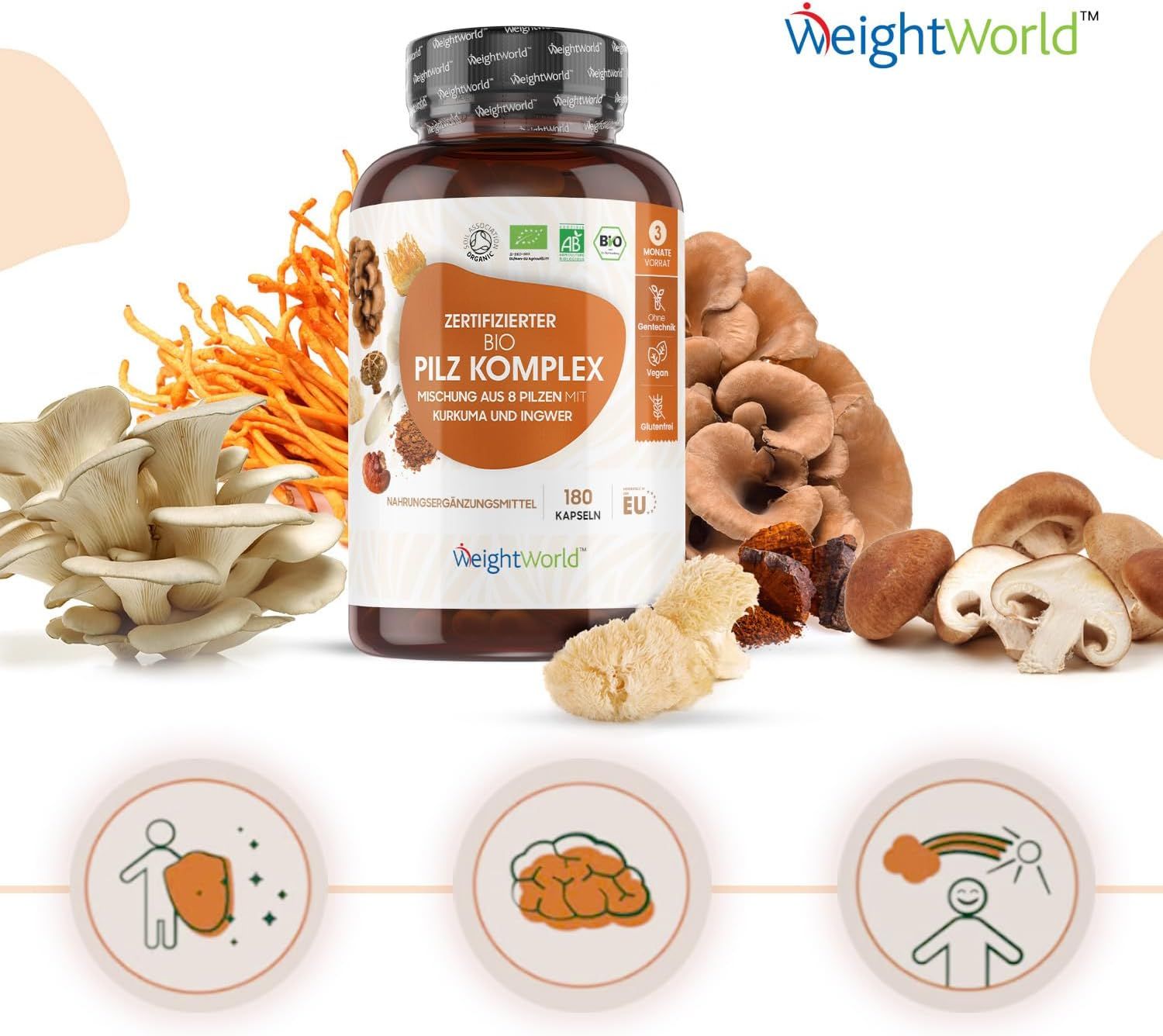 Flacone di prodotto con illustrazioni di funghi e icone. Scritta: BIO Pilz Komplex. Sigilli: UE, Vegan, Bio. Marchio: WeightWorld. Funghi illustrati.