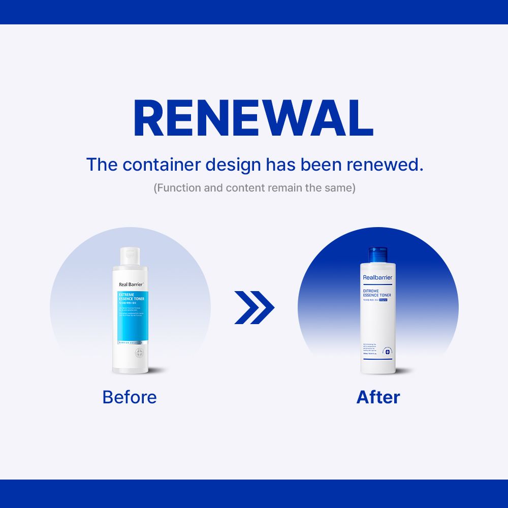 Grafica: confronto prima-dopo. A sinistra: flacone con etichetta blu. A destra: flacone nuovo design. Testo: Renewal.