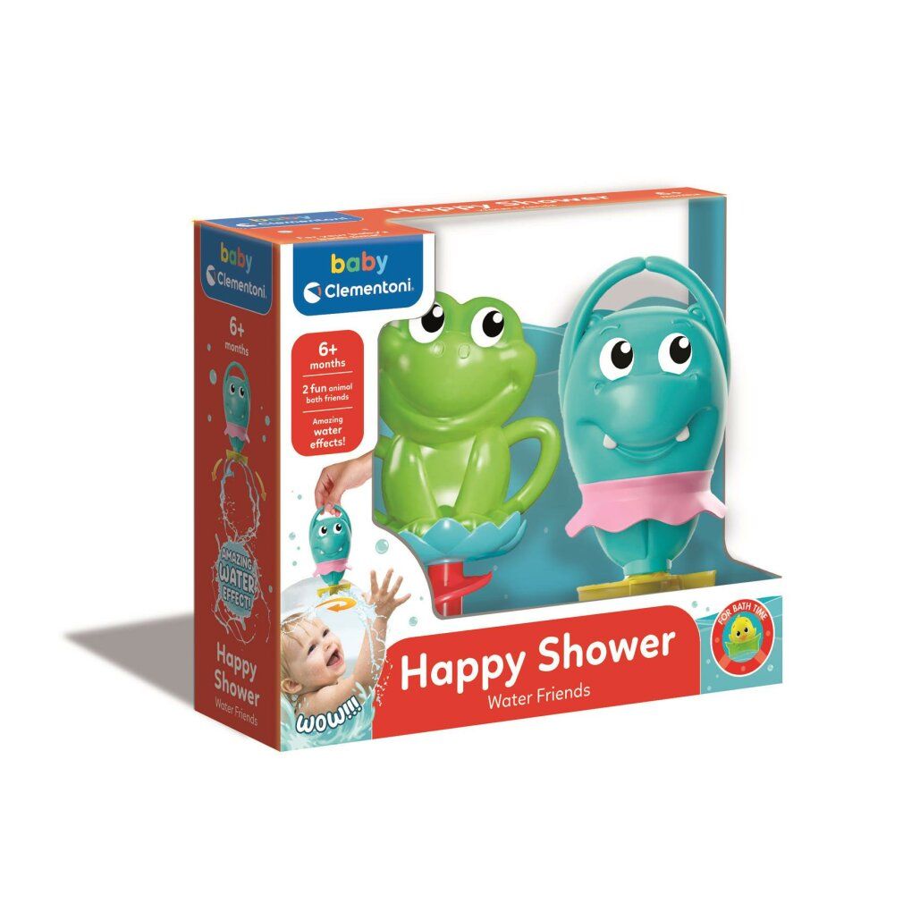 Confezione con giocattoli da bagno: rana e ippopotamo. Sulla confezione c'è scritto "Happy Shower Water Friends" e "Baby Clementoni".