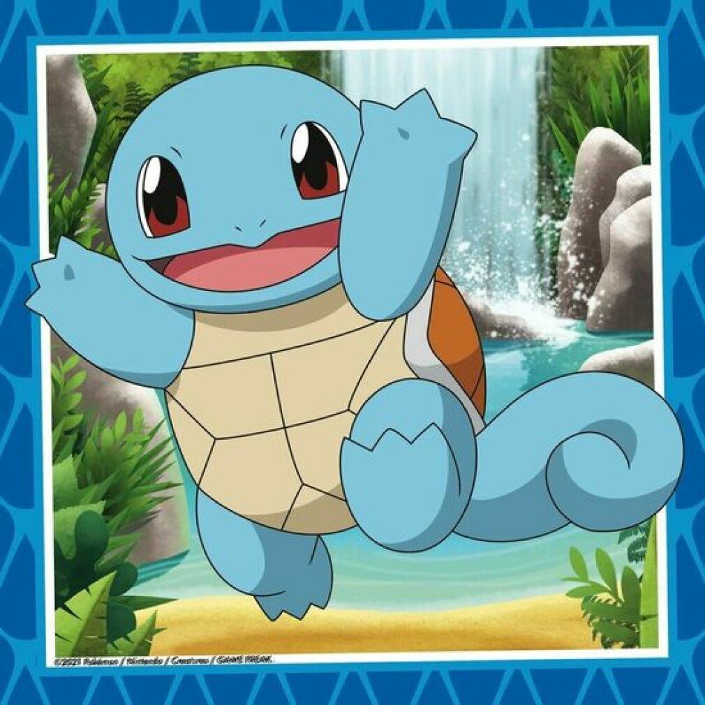 Motivo puzzle: Squirtle. Personaggio Pokémon blu con sfondo cascata. Parte di un puzzle. Marca: Ravensburger.