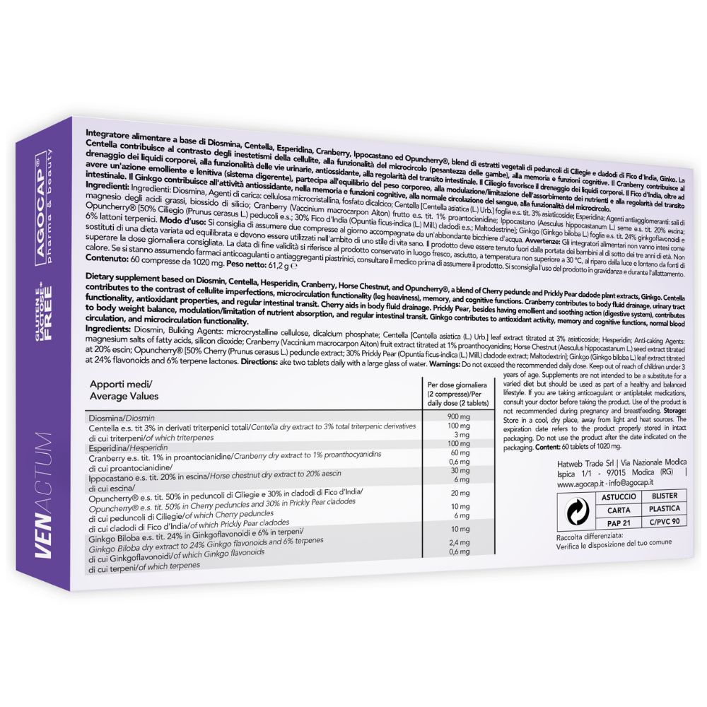 Retro della confezione Venactum. Contiene informazioni su ingredienti, dosaggio e produttore.