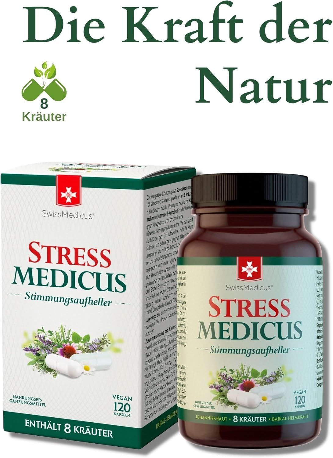 Flacone e scatola del prodotto con la scritta Stress Medicus, Stimmungaufheller. Contiene 8 erbe. Vegano. Testo: La forza della natura.