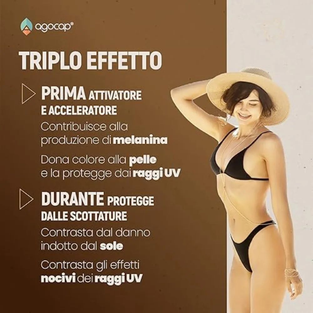 Grafica con donna in bikini. Testo: Triplo effetto: attivatore, protegge dai raggi UV, protegge dalle scottature.