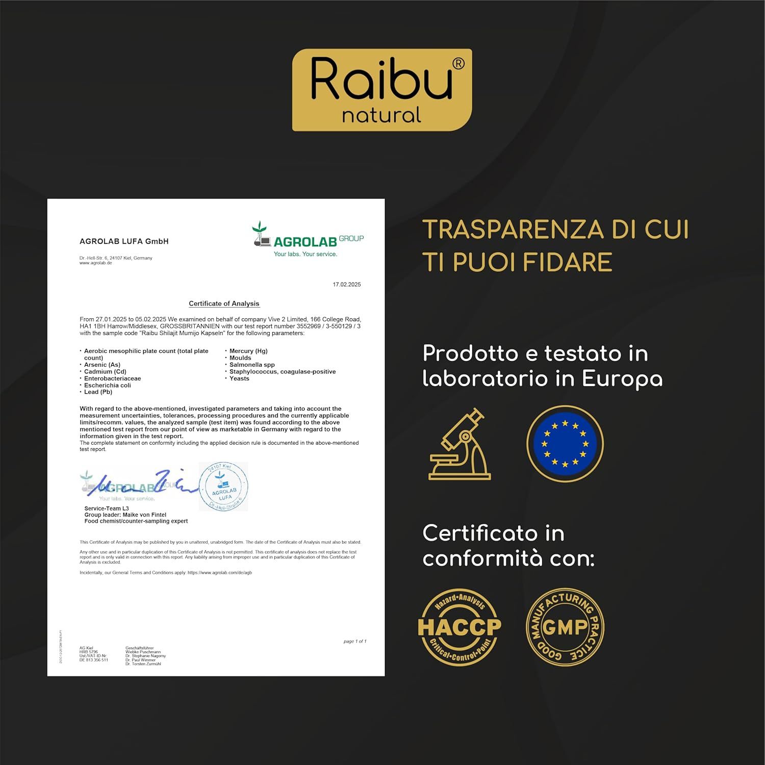 Documenti di certificazione. Testo: Prodotto e testato in laboratorio in Europa. Certificato secondo HACCP, GMP.