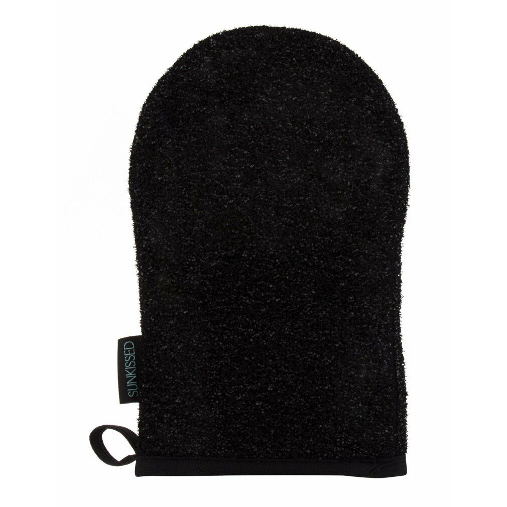 Guanto esfoliante nero. Con anello e etichetta: Sunkissed. Tessuto ruvido.