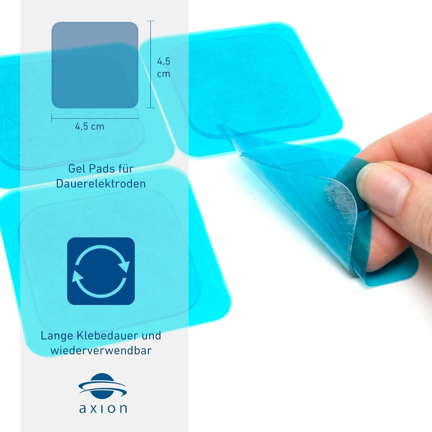 Gel pad quadrati. Pellicola protettiva blu. 4,5 cm x 4,5 cm. Logo axion. Riutilizzabili. Aderenza duratura. Testo.