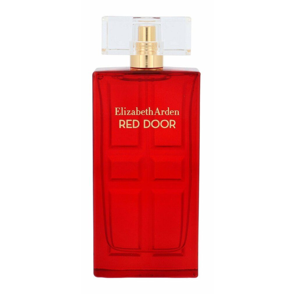 Flacone rosso con vaporizzatore dorato e tappo trasparente. Scritta: Elizabeth Arden Red Door.