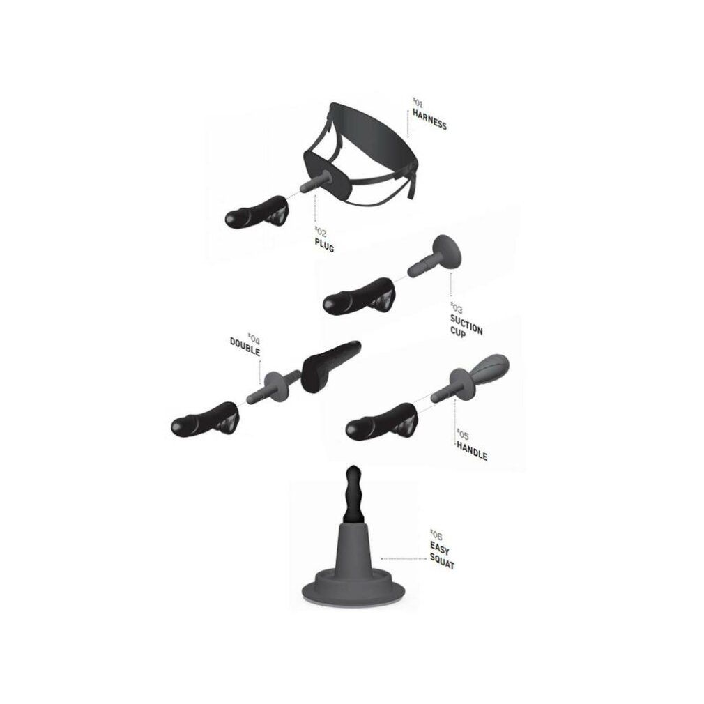 Schema esploso di vari prodotti neri. Include Harness, Plus, Double, Suction Cup, Handle ed Easy Squat.