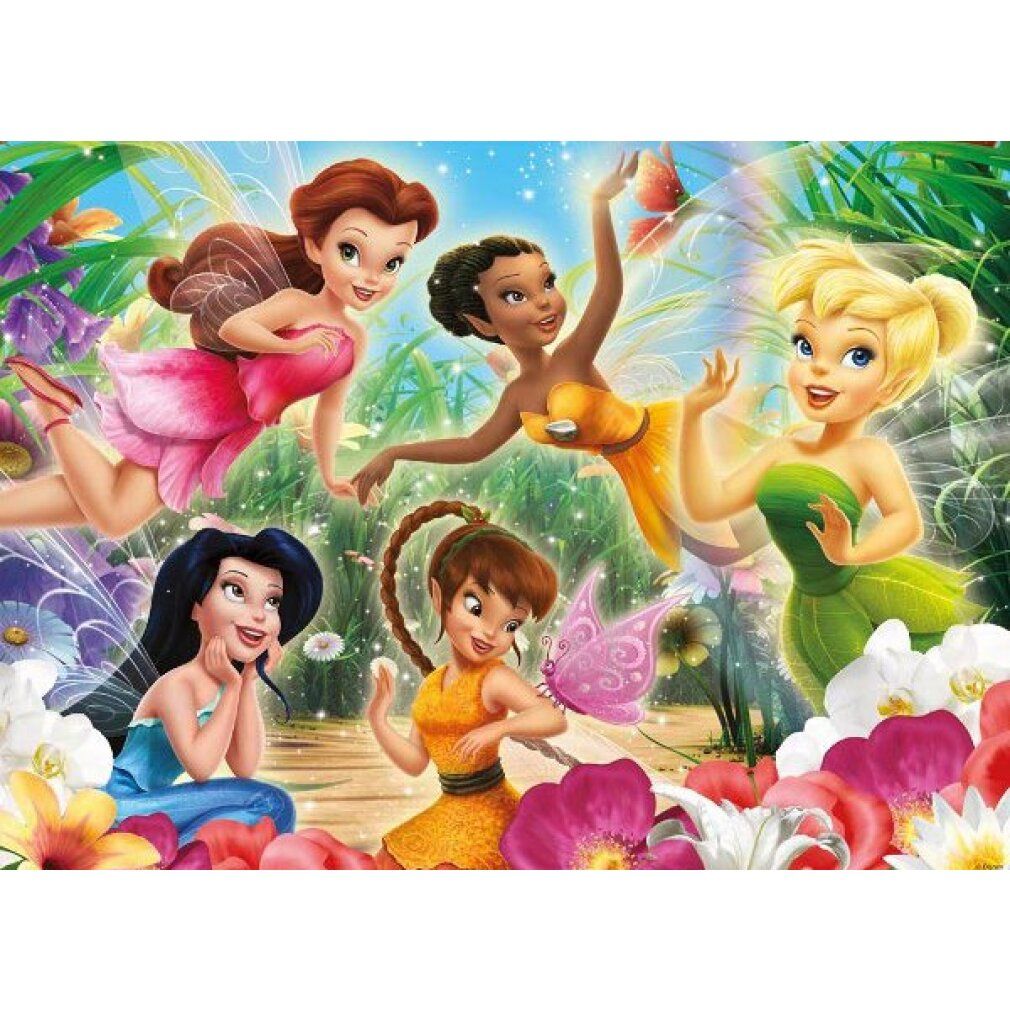 Puzzle con motivo fatine. Sei fatine in abiti diversi, circondate da fiori e foglie. I pezzi del puzzle non sono visibili.