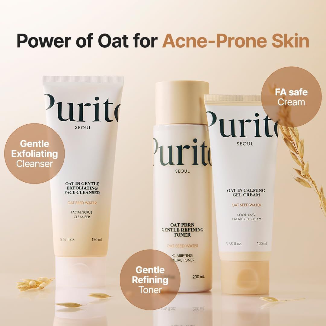 Tre prodotti: toner, detergente e crema. Scritta: "Purito".